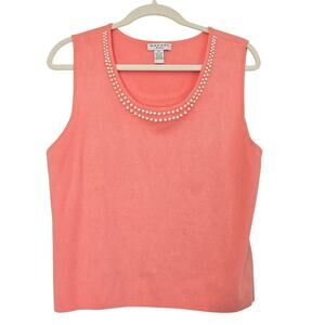 Rafael Peach Feminine Tank Top Pearl Embellished Neckline Sleeveless L Petite